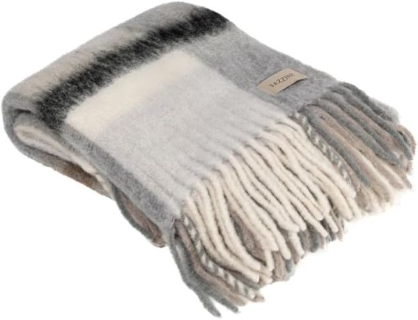 plaid in misto lana mohair con disegno a quadri grigio naturale